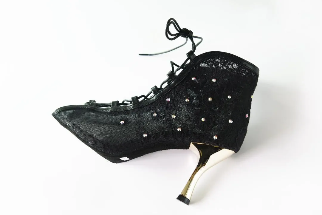 3" Rose -- Women's Lace-Up Boot -- Black Lace with Gold Heel