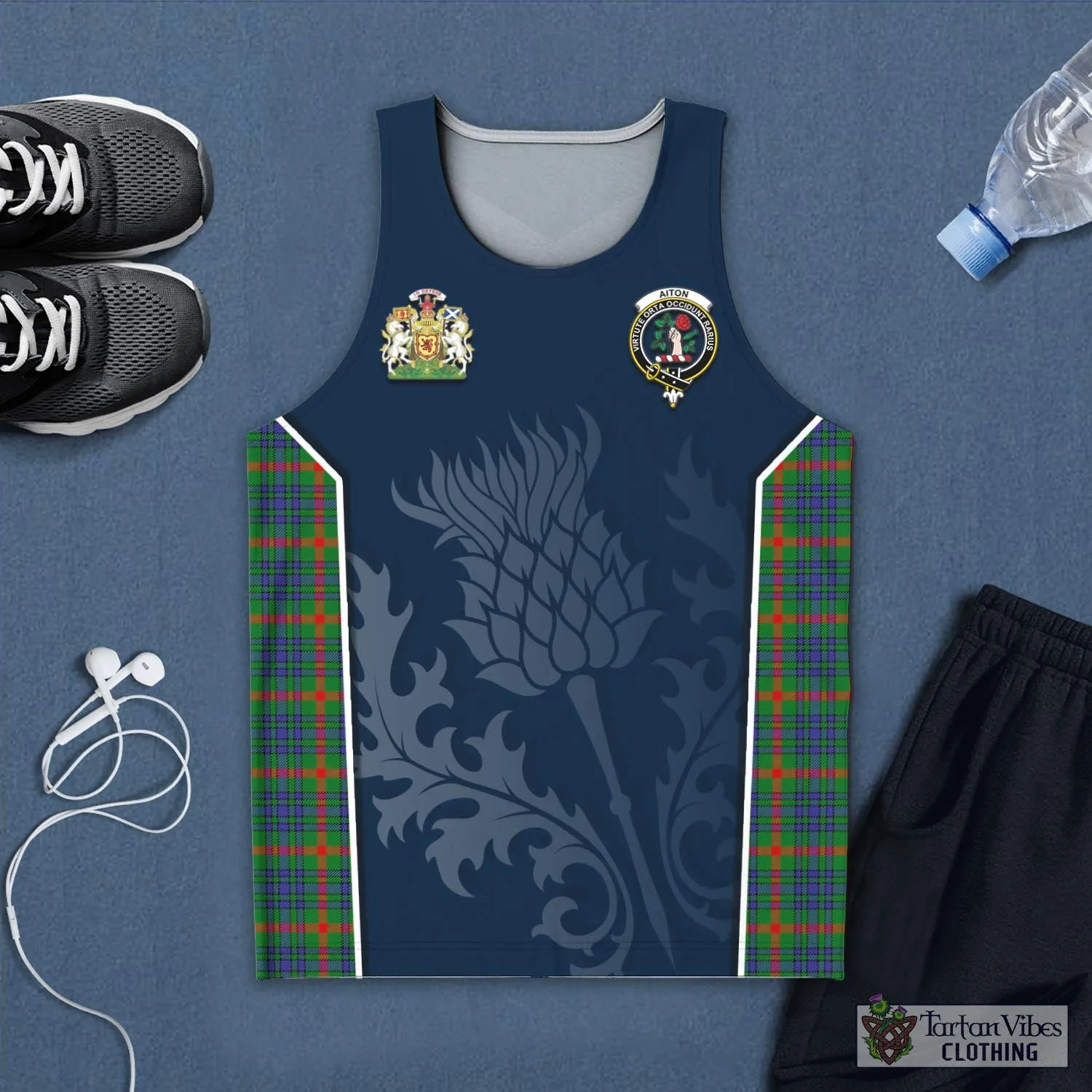 Aiton Tartan Men's Tanks Top with Family Crest and Scottish Thistle Vibes Sport Style