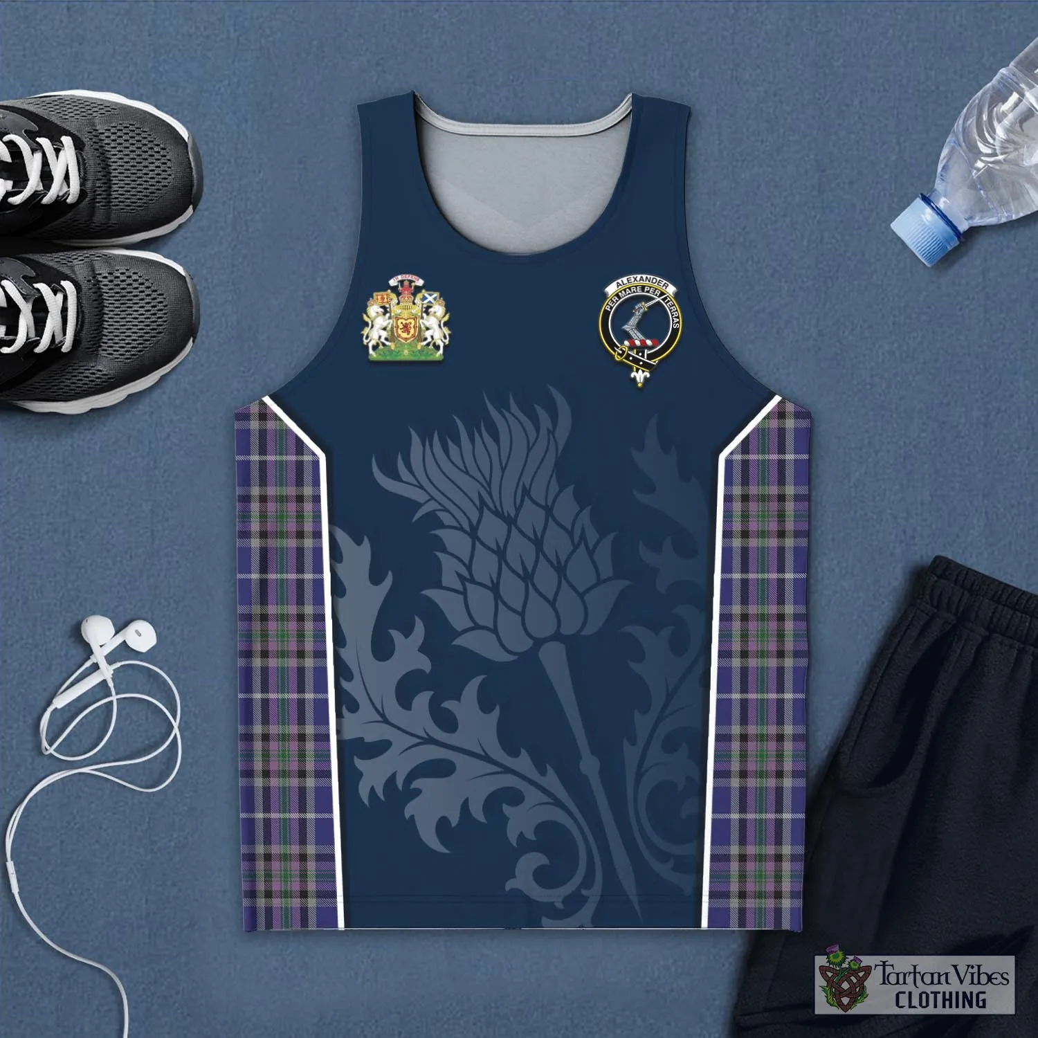 Alexander of Menstry Tartan Men's Tanks Top with Family Crest and Scottish Thistle Vibes Sport Style