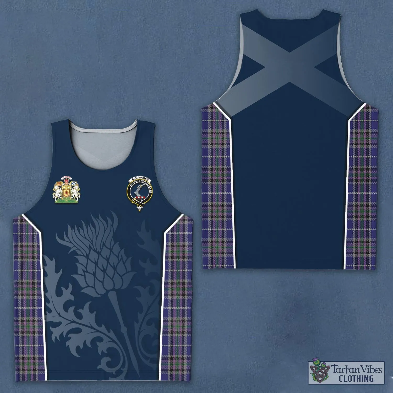 Alexander of Menstry Tartan Men's Tanks Top with Family Crest and Scottish Thistle Vibes Sport Style