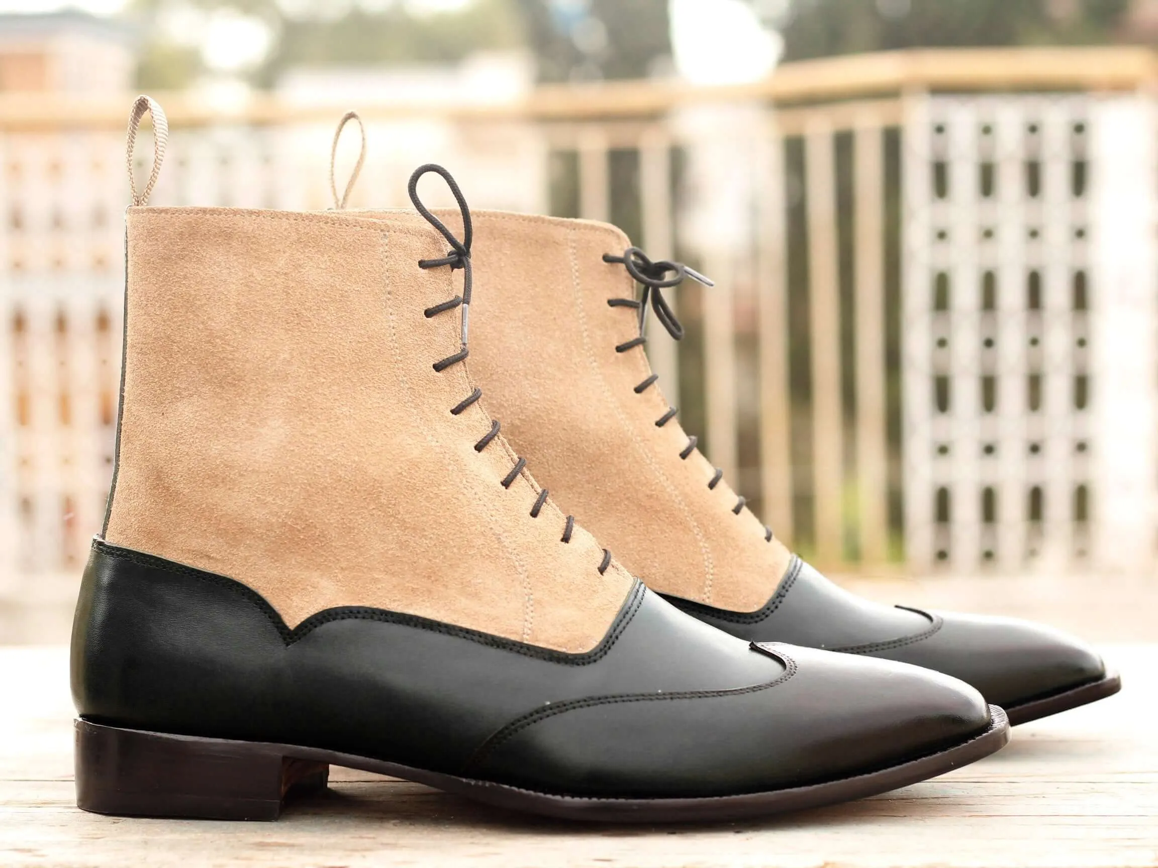 Ankle High Black & Beige Wing Tip Leather Suede Boot