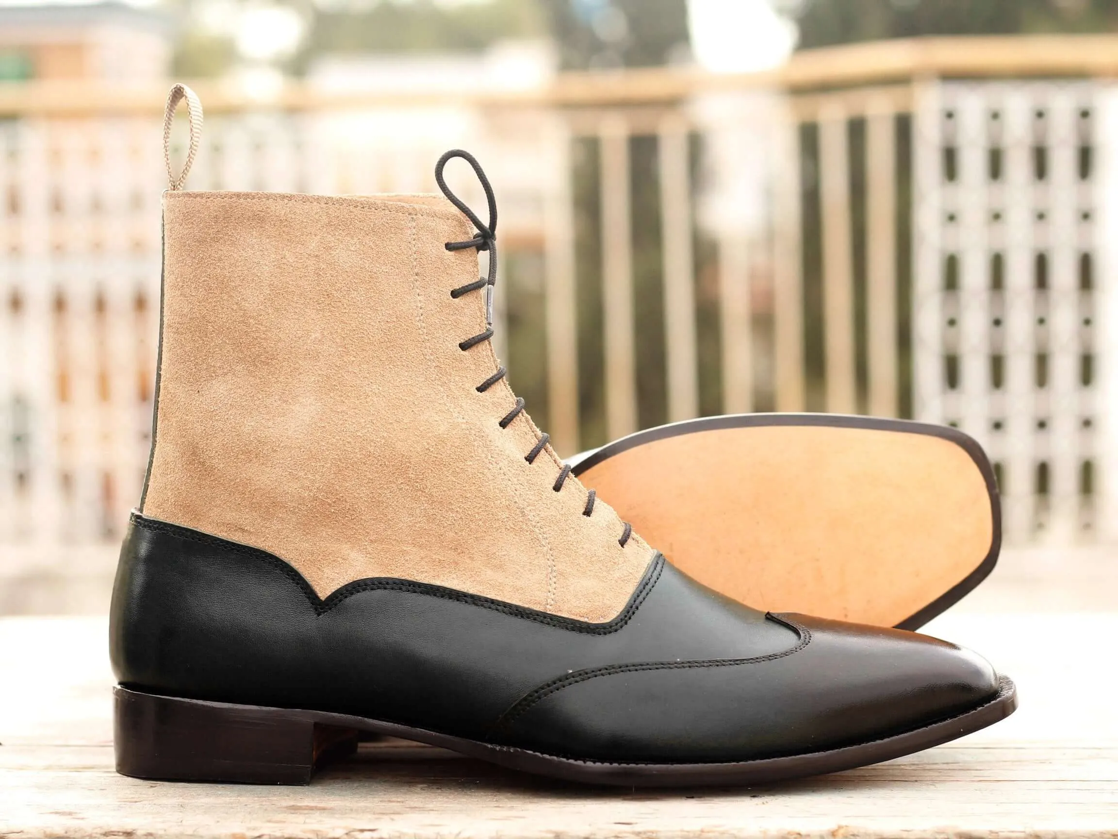 Ankle High Black & Beige Wing Tip Leather Suede Boot