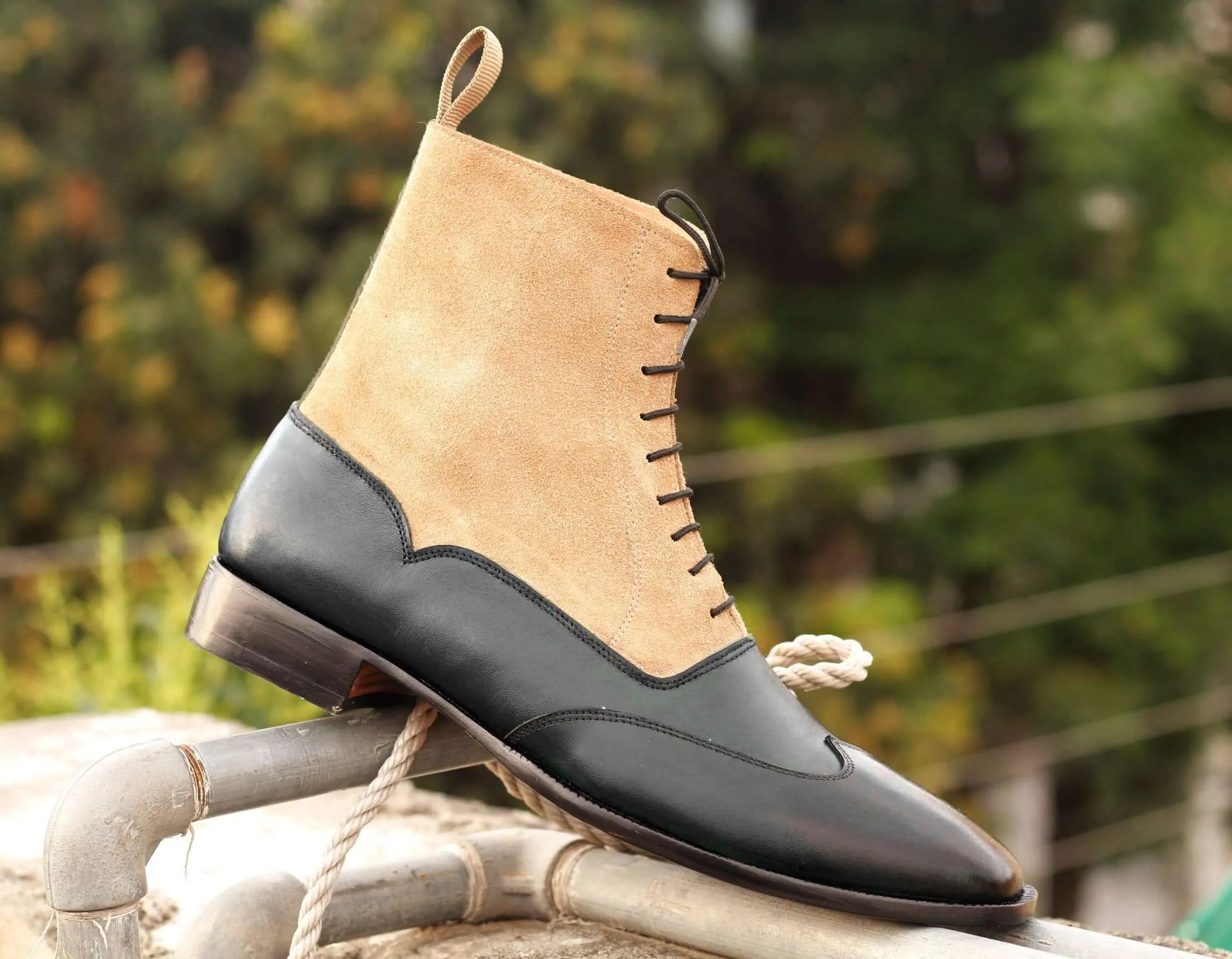 Ankle High Black & Beige Wing Tip Leather Suede Boot