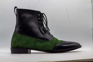 Ankle High Black Green Wing Tip Boot, Lace Up Boot, Hand Painted Street Wear Boot