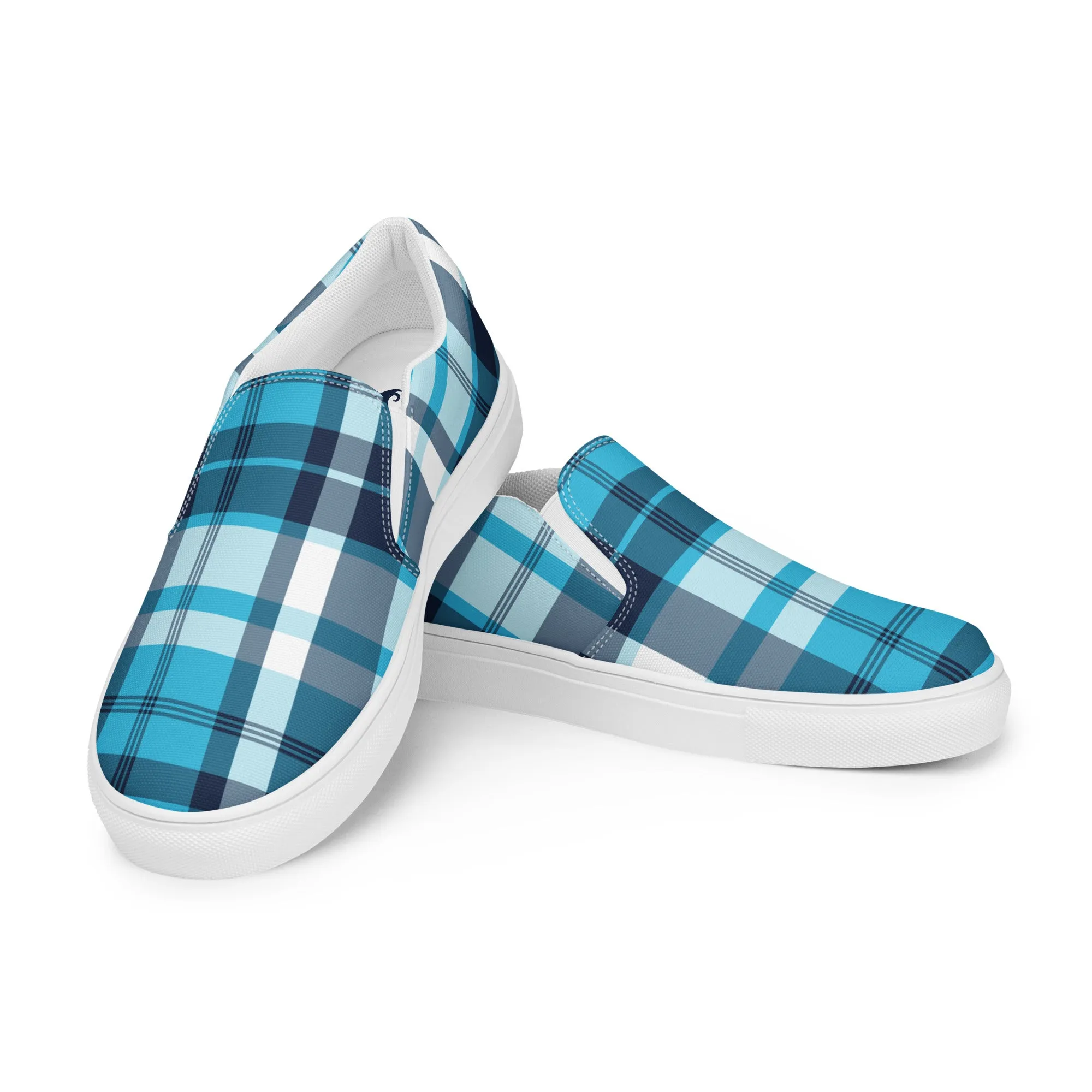 Aqua and Navy Blue Preppy Surfer Plaid Men’s Slip On Canvas Shoes