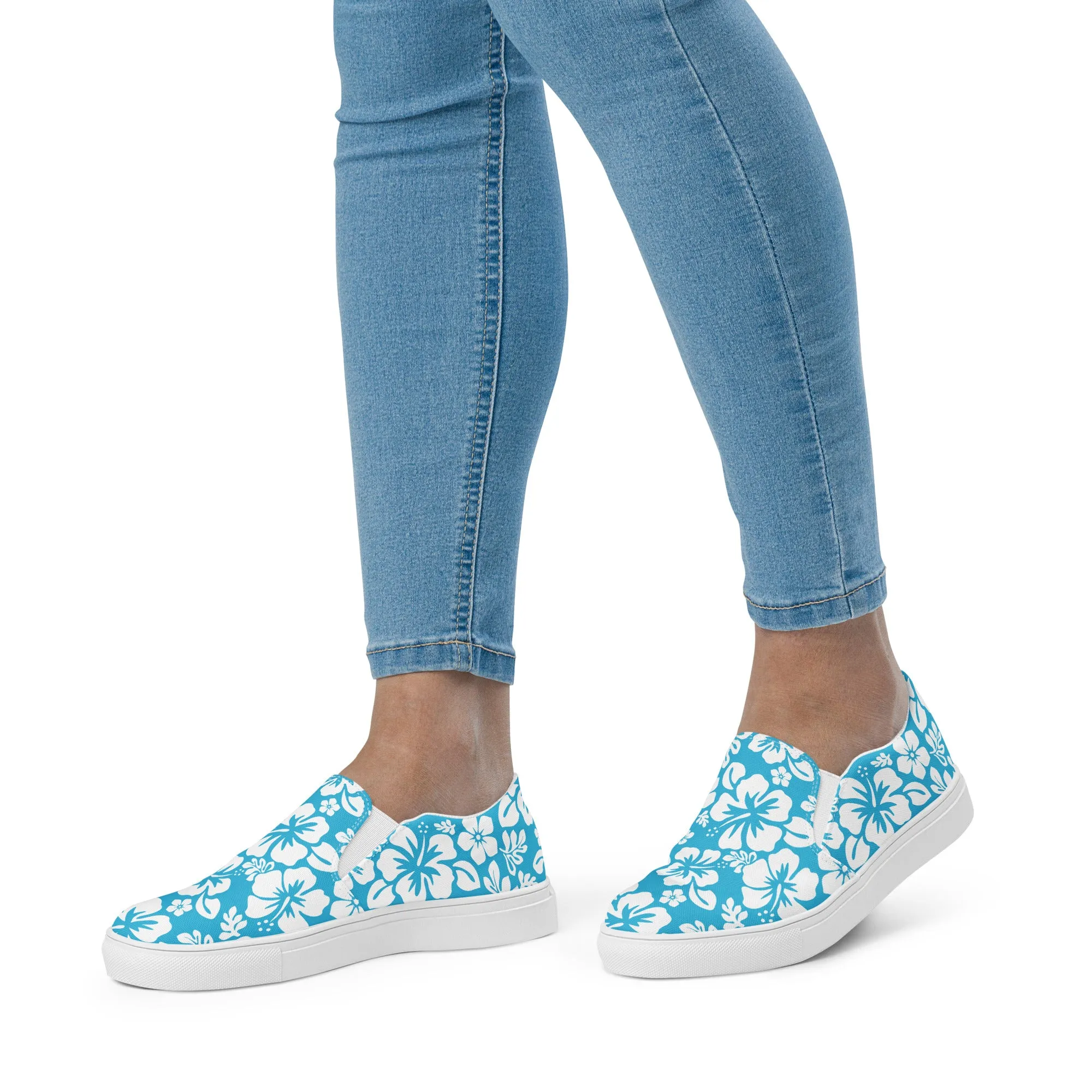 Aqua Blue and White Hawaiian Flowers Women's Slip On Canvas Shoes