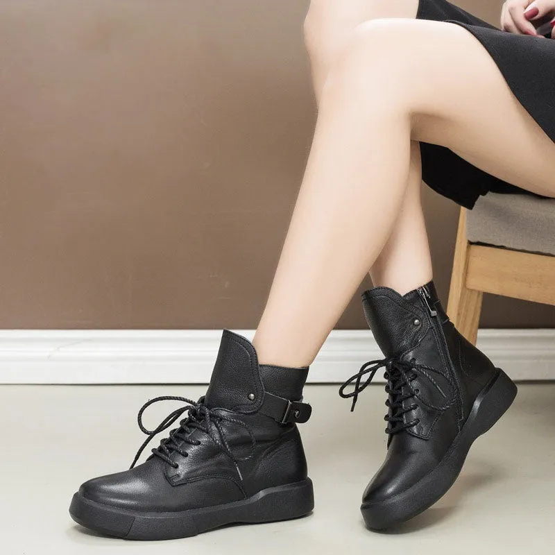 Autumn Winter Retro Leather Lace-up Black Ankle Boots for Women