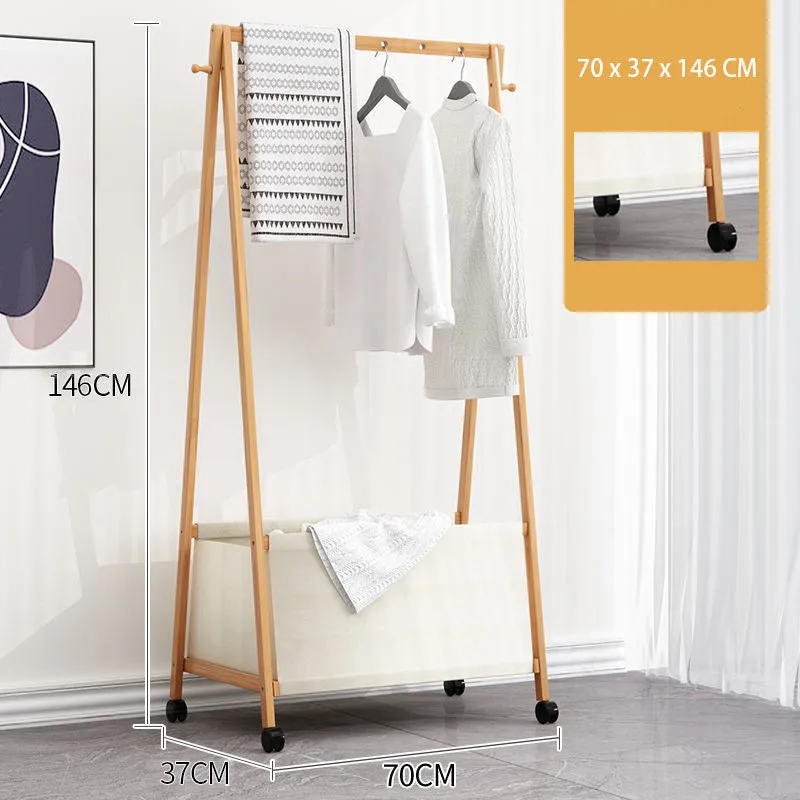 Bamboo Garment Rack Coat Clothes Hanging with Canvas Storage