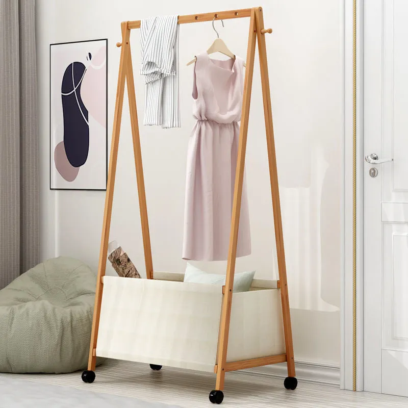 Bamboo Garment Rack Coat Clothes Hanging with Canvas Storage