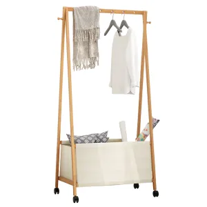 Bamboo Garment Rack Coat Clothes Hanging with Canvas Storage