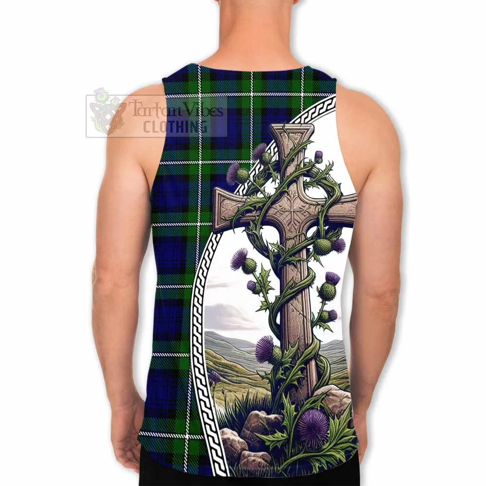 Bannerman Tartan Men's Tank Top with Family Crest and St. Andrew's Cross Accented by Thistle Vines