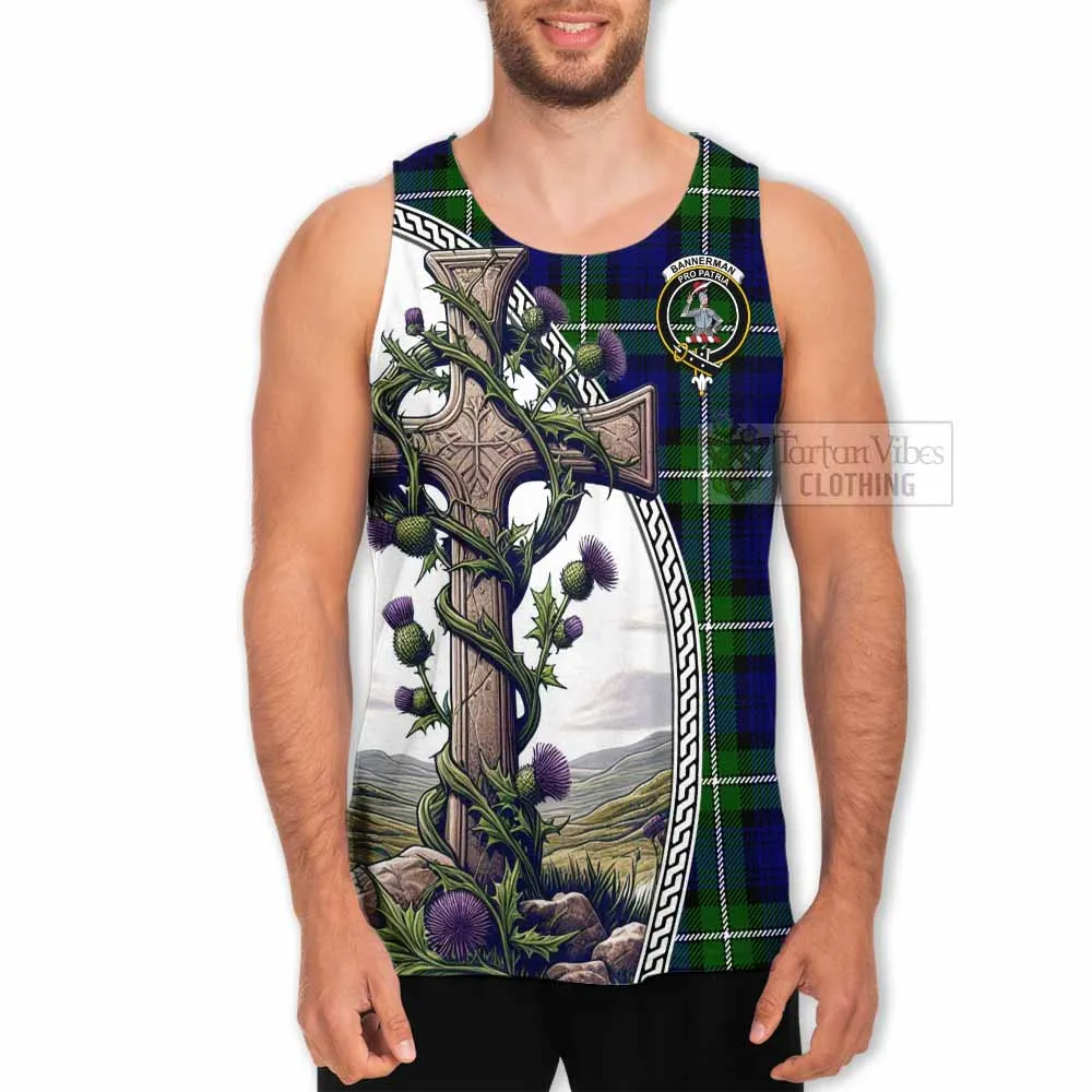 Bannerman Tartan Men's Tank Top with Family Crest and St. Andrew's Cross Accented by Thistle Vines