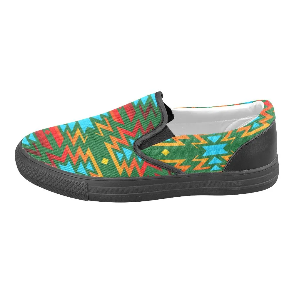 Big Pattern Fire Colors and Sky green Men's Unusual Slip-on Canvas Shoes