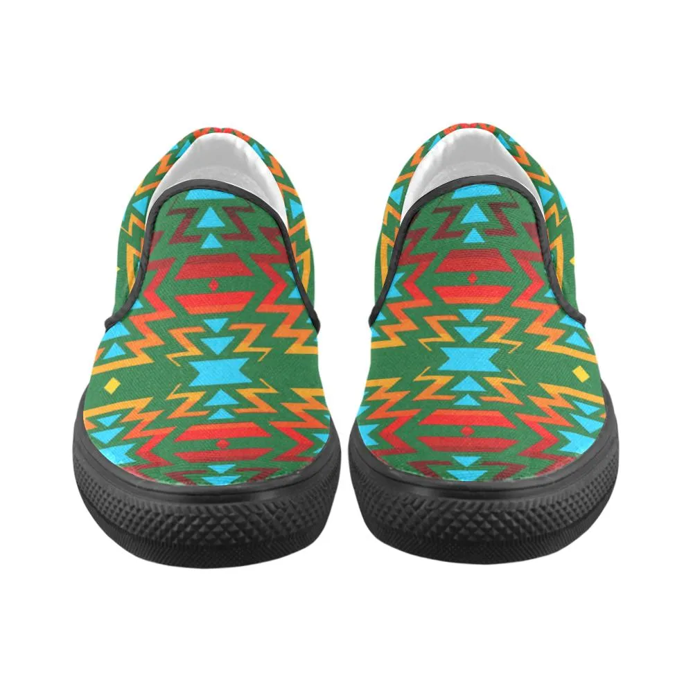 Big Pattern Fire Colors and Sky green Men's Unusual Slip-on Canvas Shoes