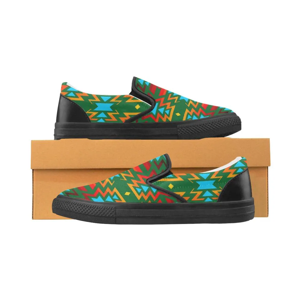 Big Pattern Fire Colors and Sky green Women's Unusual Slip-on Canvas Shoes