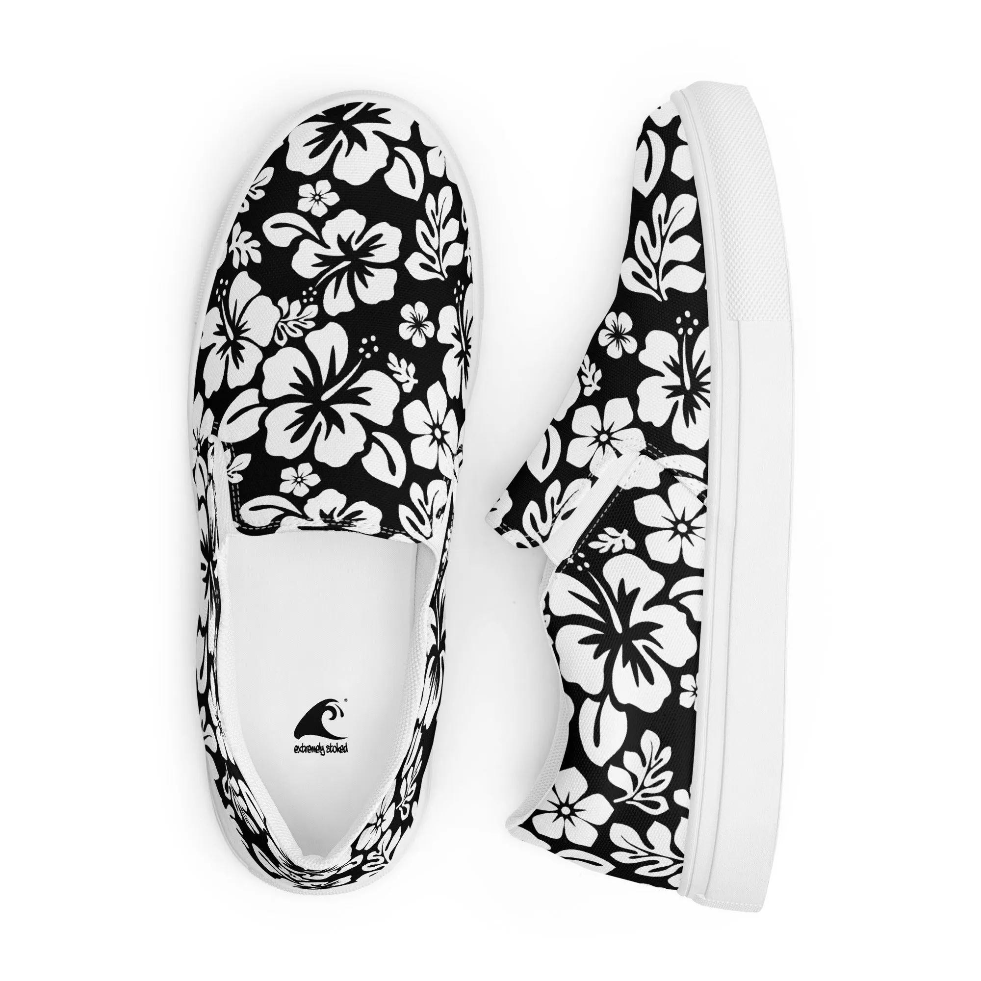 Black and White Hawaiian Flowers Men’s Slip On Canvas Shoes