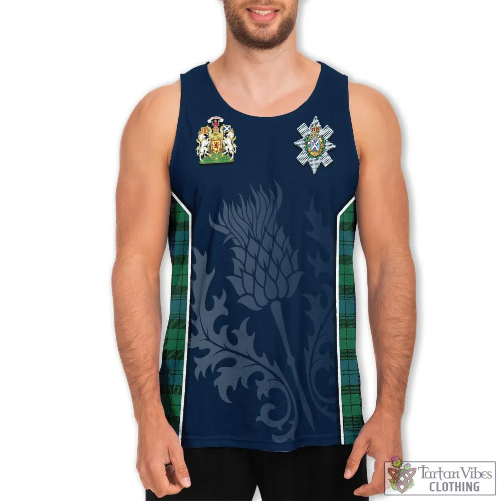 Black Watch Ancient Tartan Men's Tanks Top with Family Crest and Scottish Thistle Vibes Sport Style