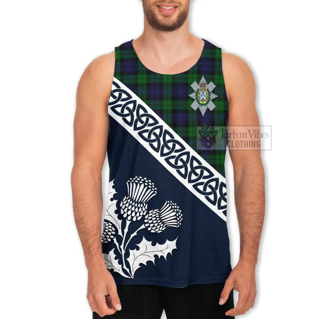 Black Watch Tartan Men's Tank Top Featuring Thistle and Scotland Map