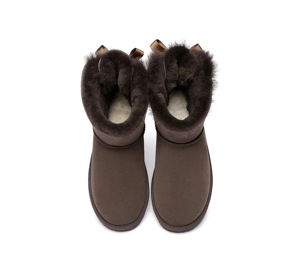 Boots Women Double Faced Sheepskin Wool Mini Back Bow Boots