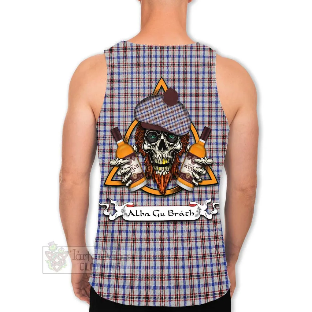 Boswell Tartan Men's Tank Top with Family Crest and Bearded Skull Holding Bottles of Whiskey