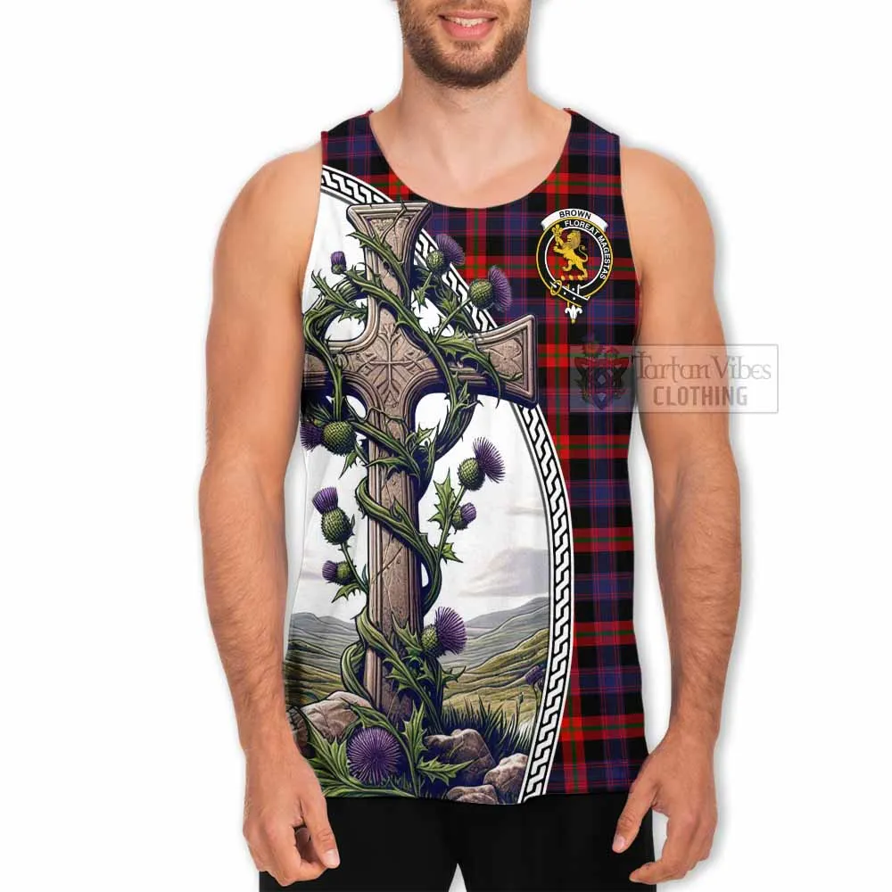 Brown (Broun) Tartan Men's Tank Top with Family Crest and St. Andrew's Cross Accented by Thistle Vines