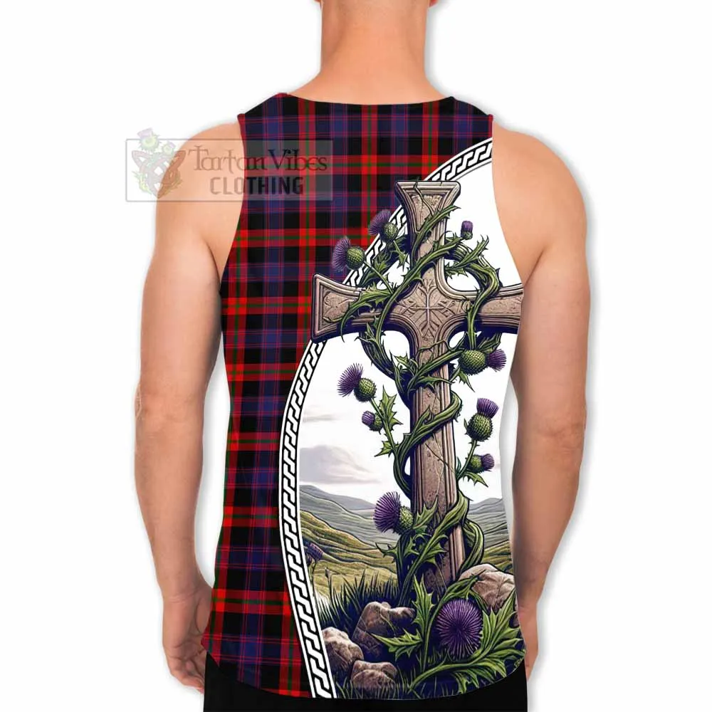 Brown (Broun) Tartan Men's Tank Top with Family Crest and St. Andrew's Cross Accented by Thistle Vines