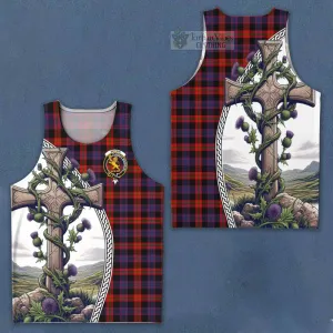 Brown (Broun) Tartan Men's Tank Top with Family Crest and St. Andrew's Cross Accented by Thistle Vines