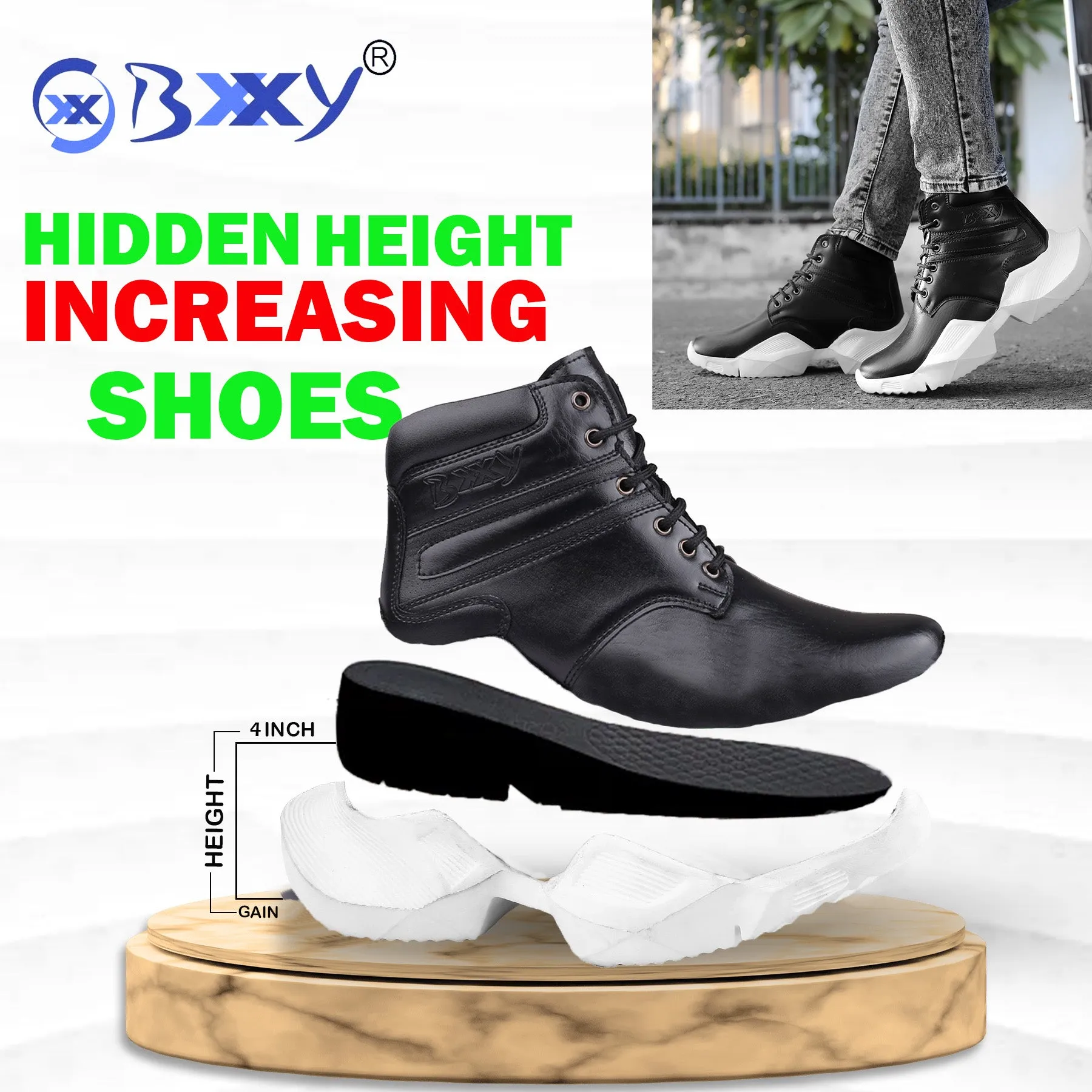 Bxxy Men's 4 Inch Hidden Height Increasing Faux Leather Casual Ankle Lace-Up Light Weight Shoes