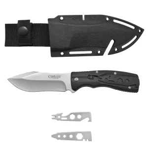 Camillus Injekt 9" Multi-Tool Survival Knife, Fixed 4.25" Blade with Sharpener and Sheath, Black