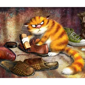 Cartoon Angry Cat Polishing Shoes | Cat Diamond Painting Kit | 5D Full Square/Round Diamond | Funny Animal Diamond Embroidery