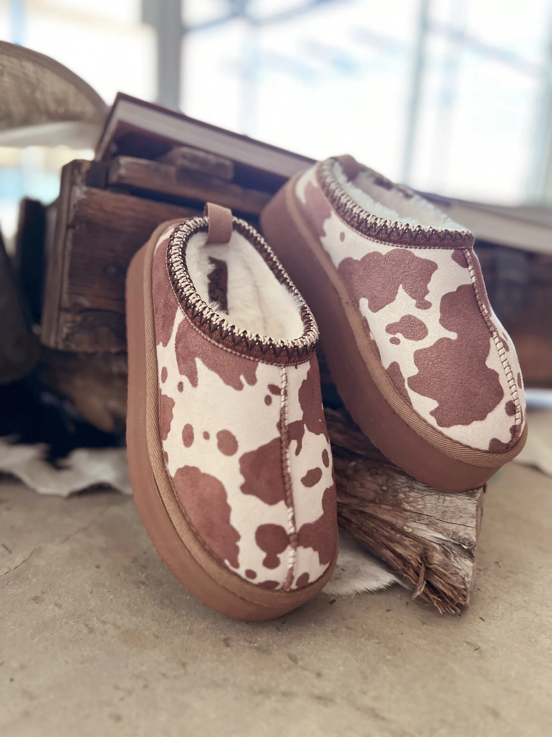 Charlie Cow Print Platform Fuzzy Slippers