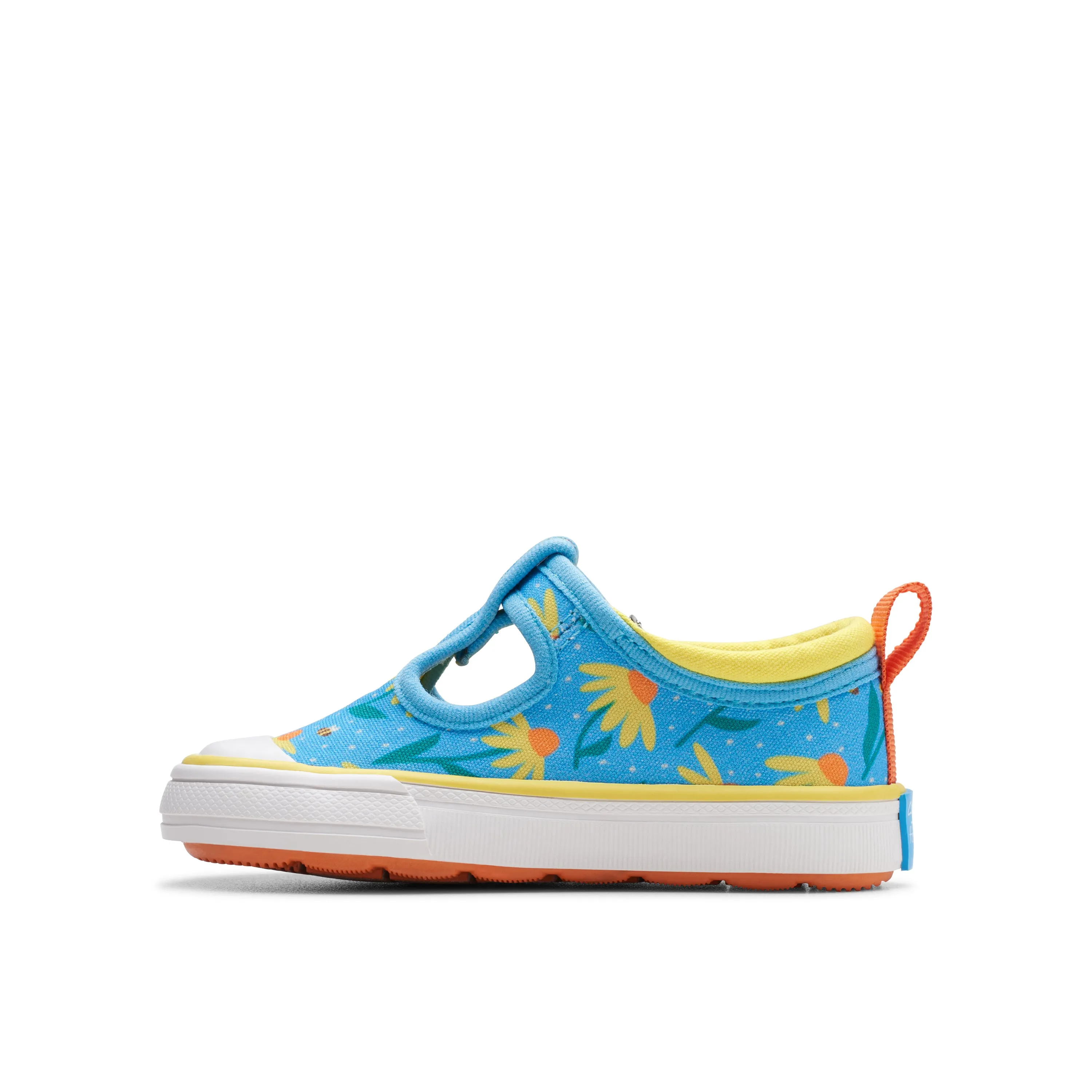 Clarks Foxing Bloom T Girls Floral Blue Canvas T-Bar Shoe