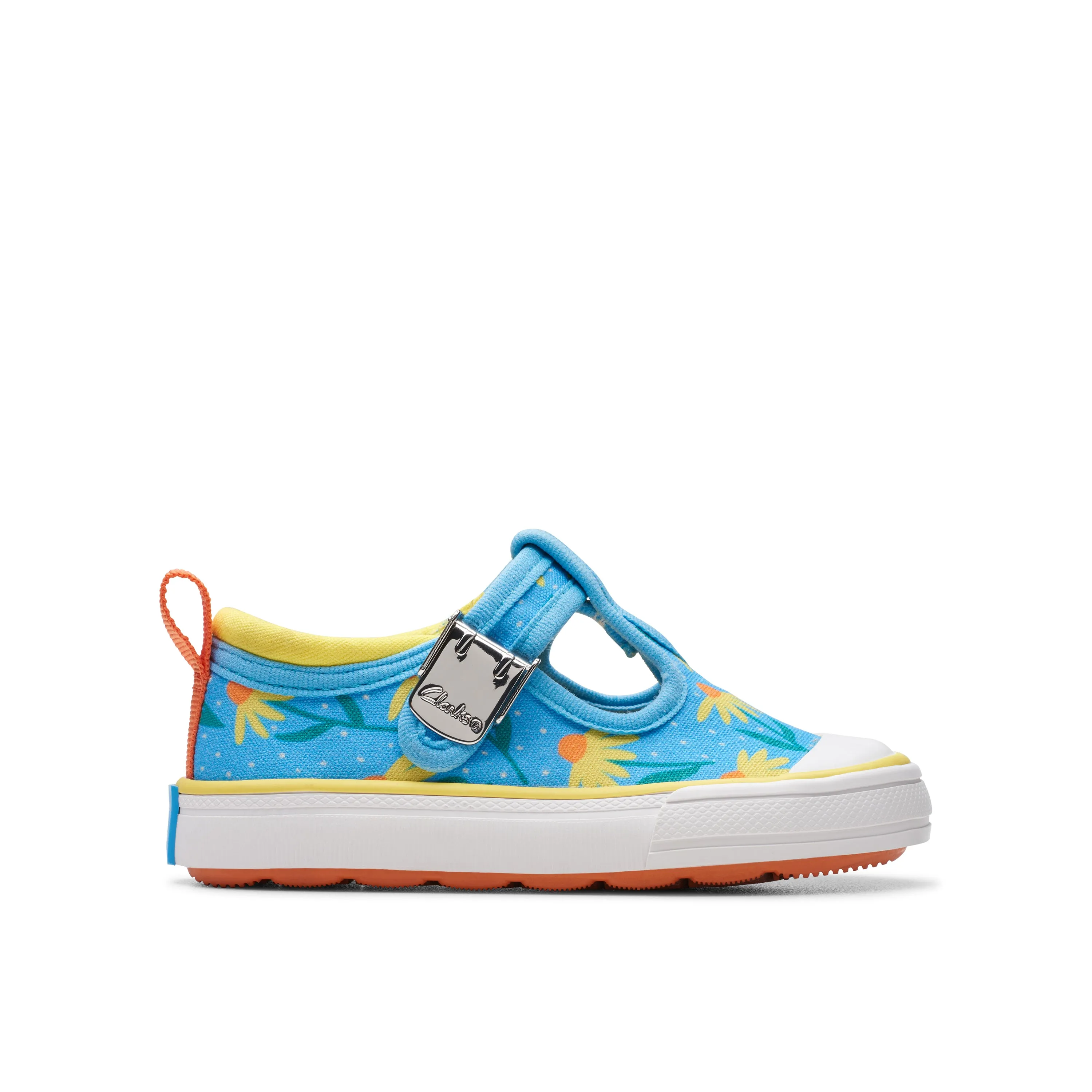 Clarks Foxing Bloom T Girls Floral Blue Canvas T-Bar Shoe