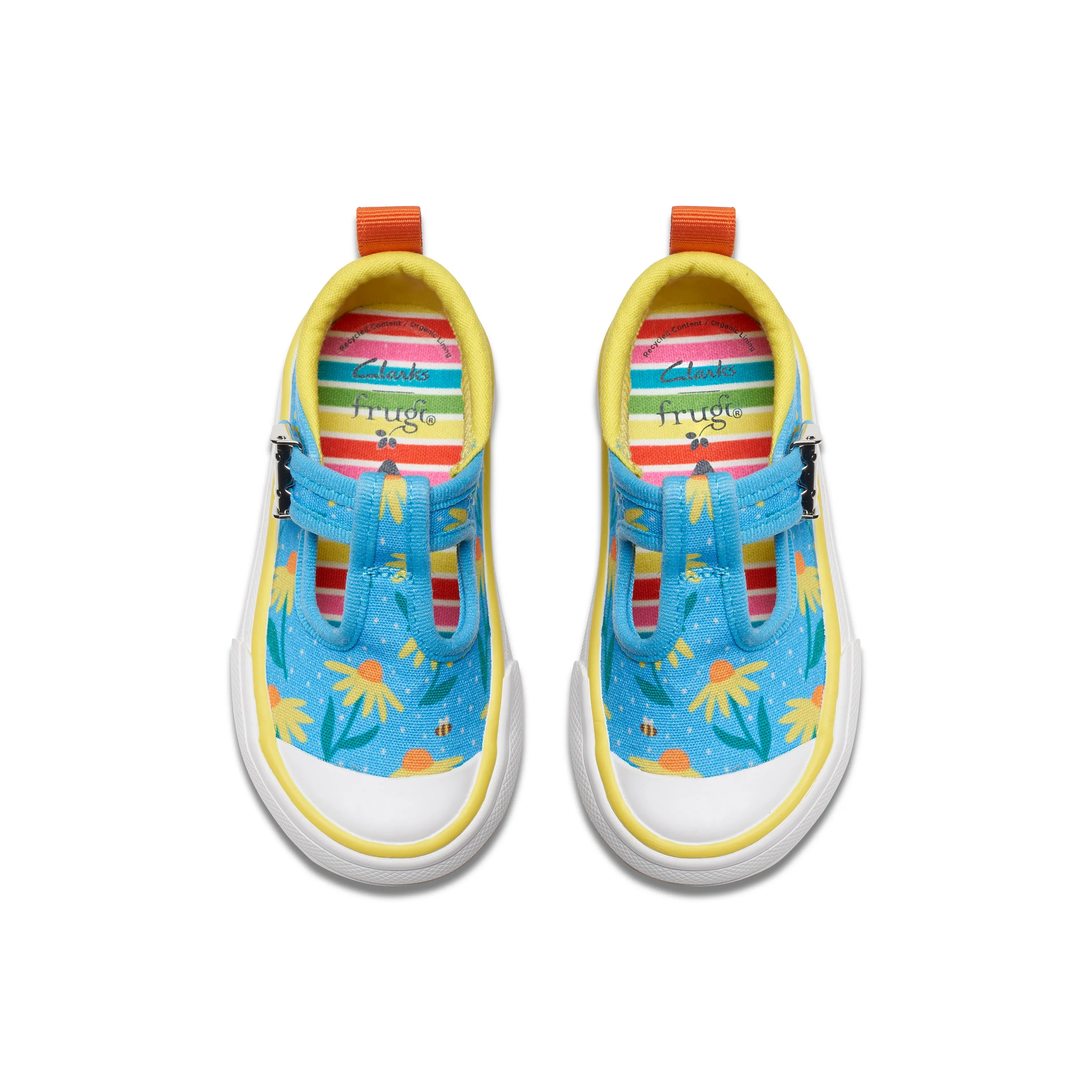 Clarks Foxing Bloom T Girls Floral Blue Canvas T-Bar Shoe