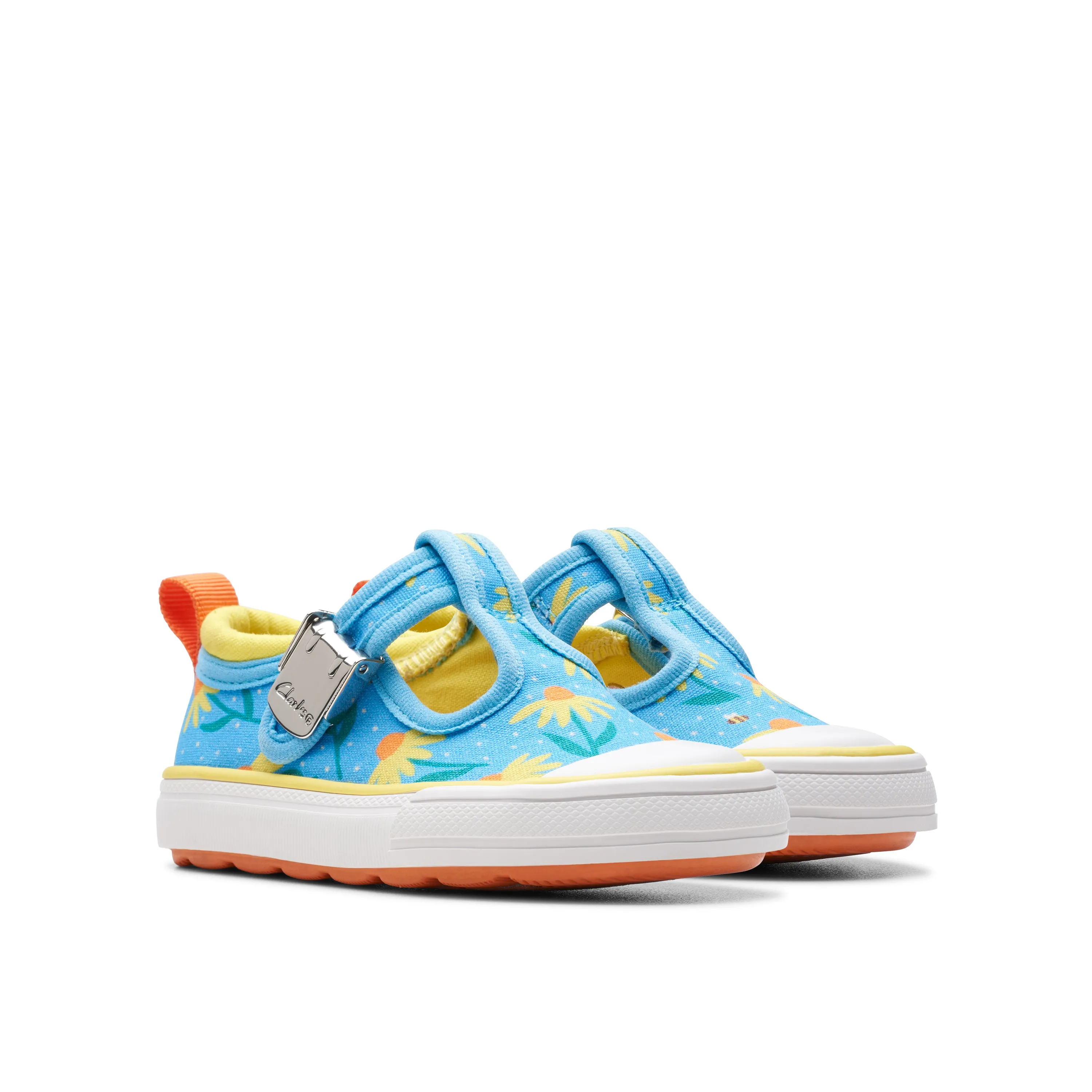 Clarks Foxing Bloom T Girls Floral Blue Canvas T-Bar Shoe