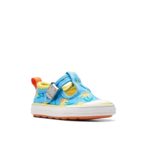 Clarks Foxing Bloom T Girls Floral Blue Canvas T-Bar Shoe