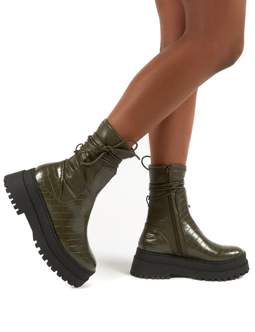 Finale Olive Chunky Sole Ankle Wrap Chunky Sole Boots