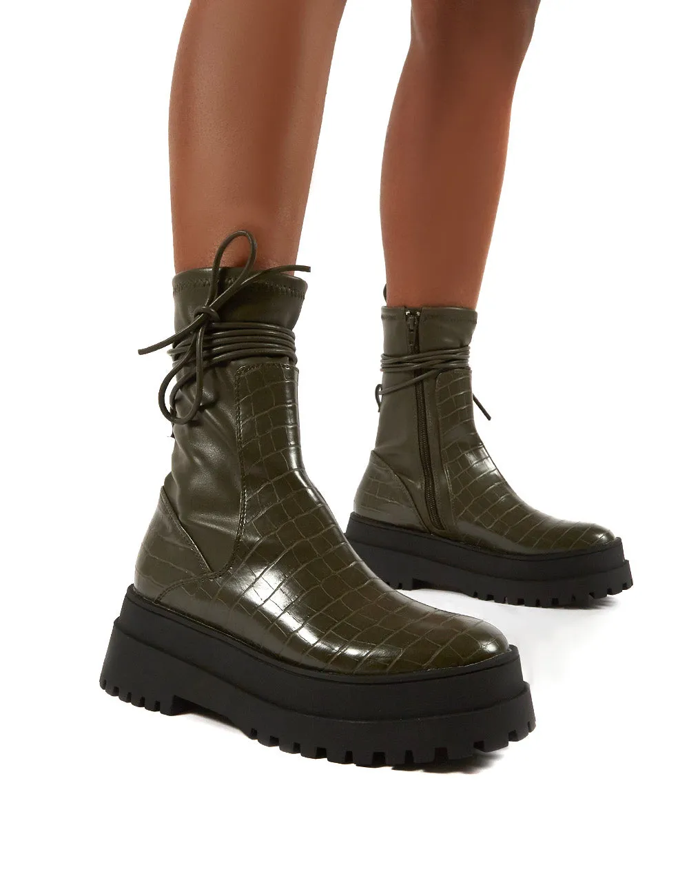 Finale Olive Chunky Sole Ankle Wrap Chunky Sole Boots