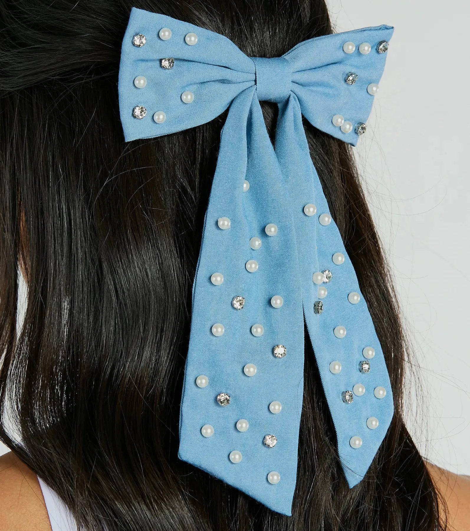 Finishing Look Faux Pearl Denim Hair Bow Barrette