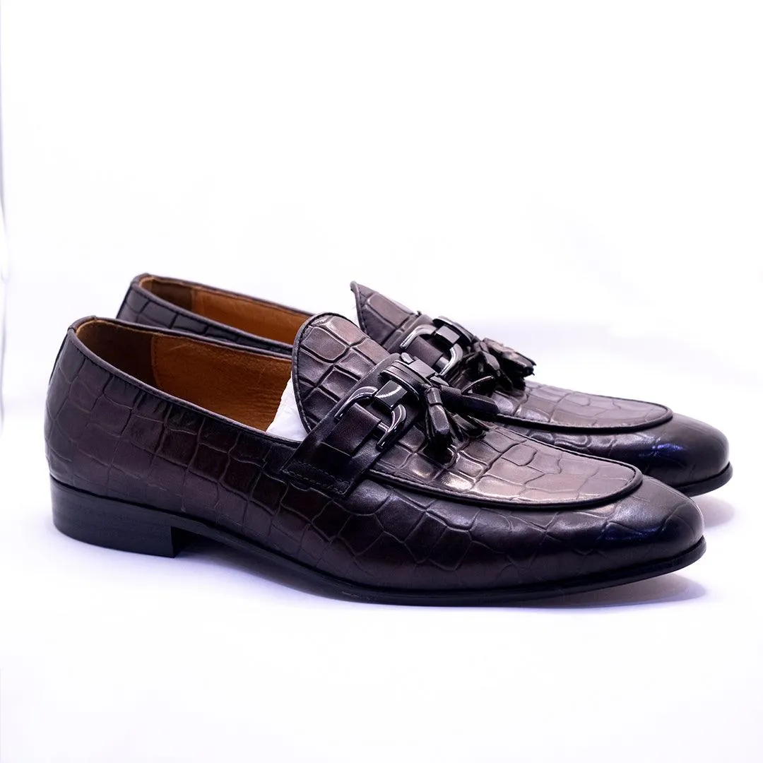 Gian Classic Tassel And Croc Designed Coffee Leather Shoe