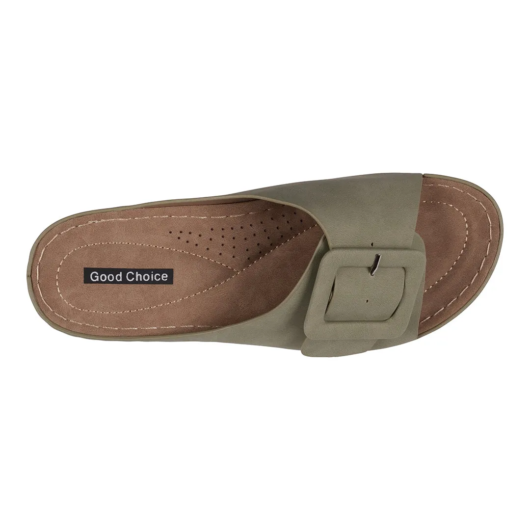 Hamden Green Buckle Comfort Flat Sandals