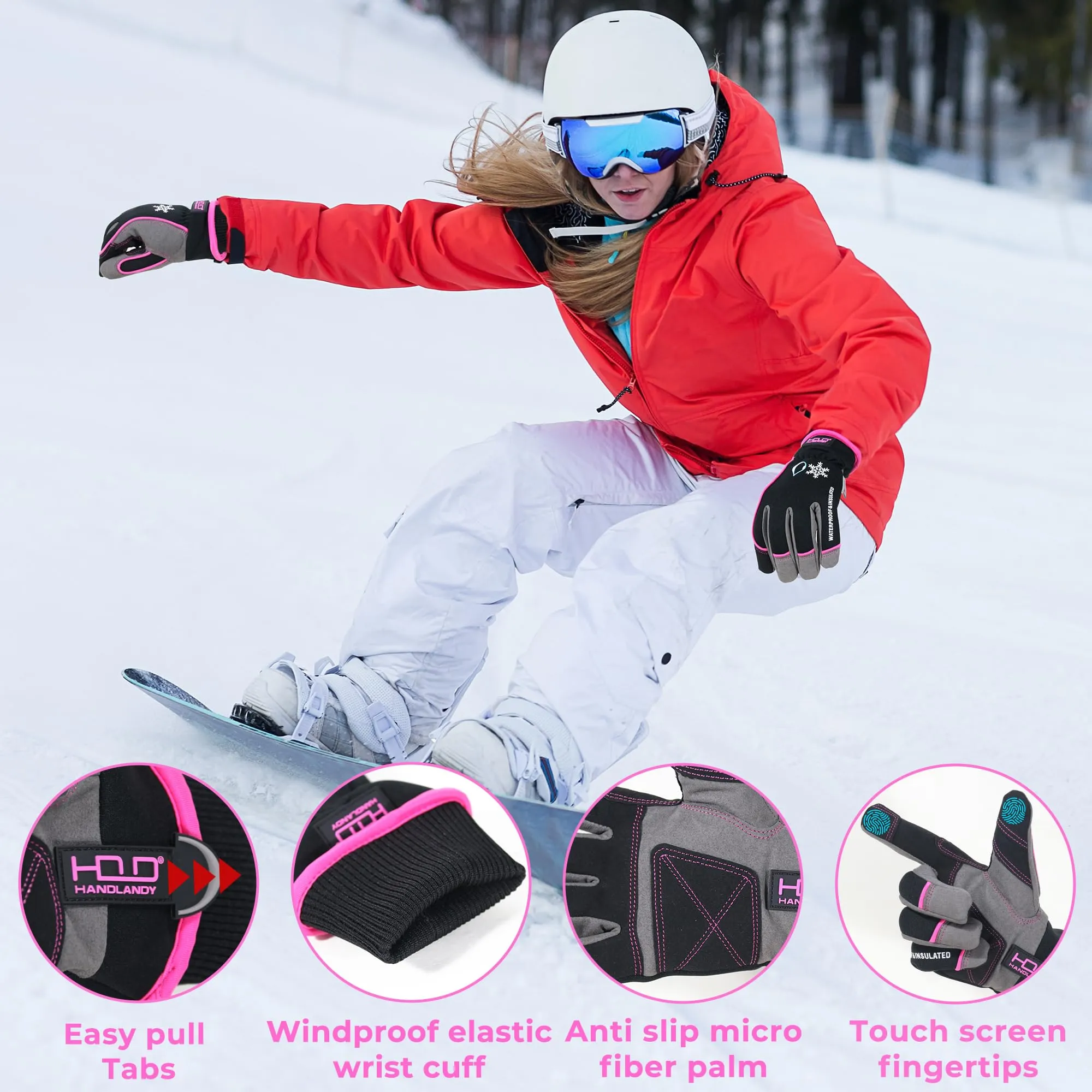 Handlandy Women Winter Warm Gloves Waterproof Ski Snowboard 8015P