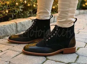 Handmade Black Leather Suede Wing Boots