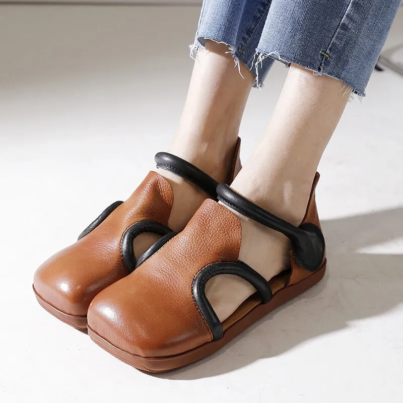 Handmade Genuine Leather Square Toe Sandals in Brown/Black