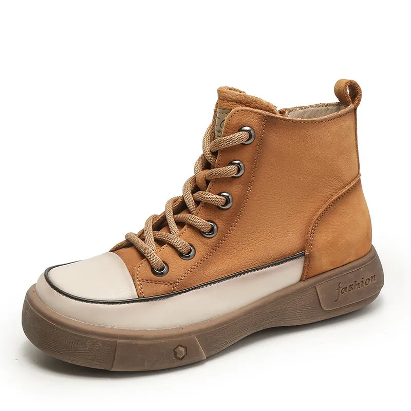 High-top Lace Up Flat Leather Sneakers for Women in Yellow/Camel/Coffee