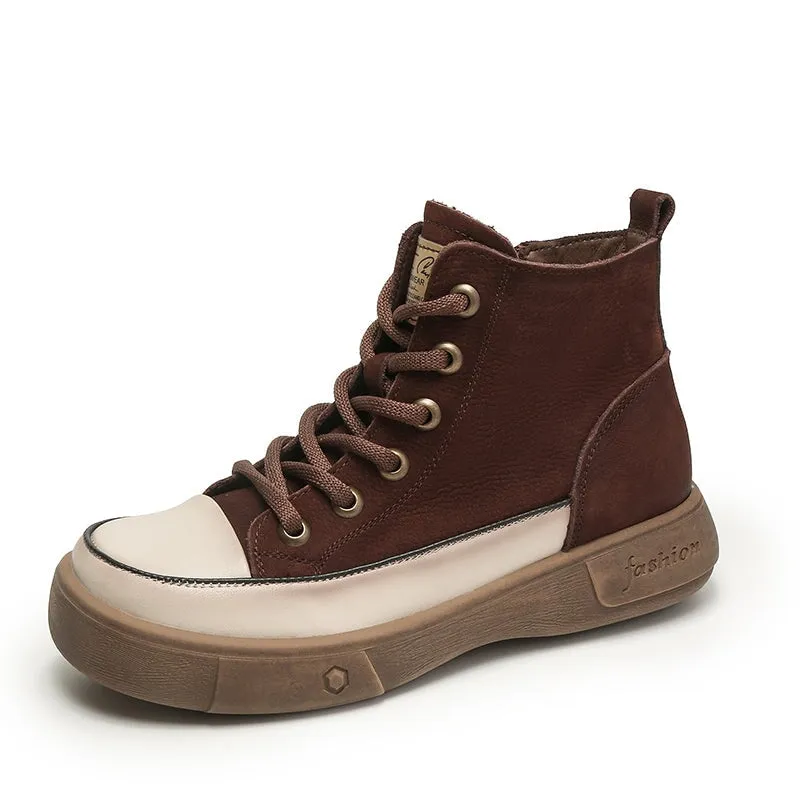 High-top Lace Up Flat Leather Sneakers for Women in Yellow/Camel/Coffee