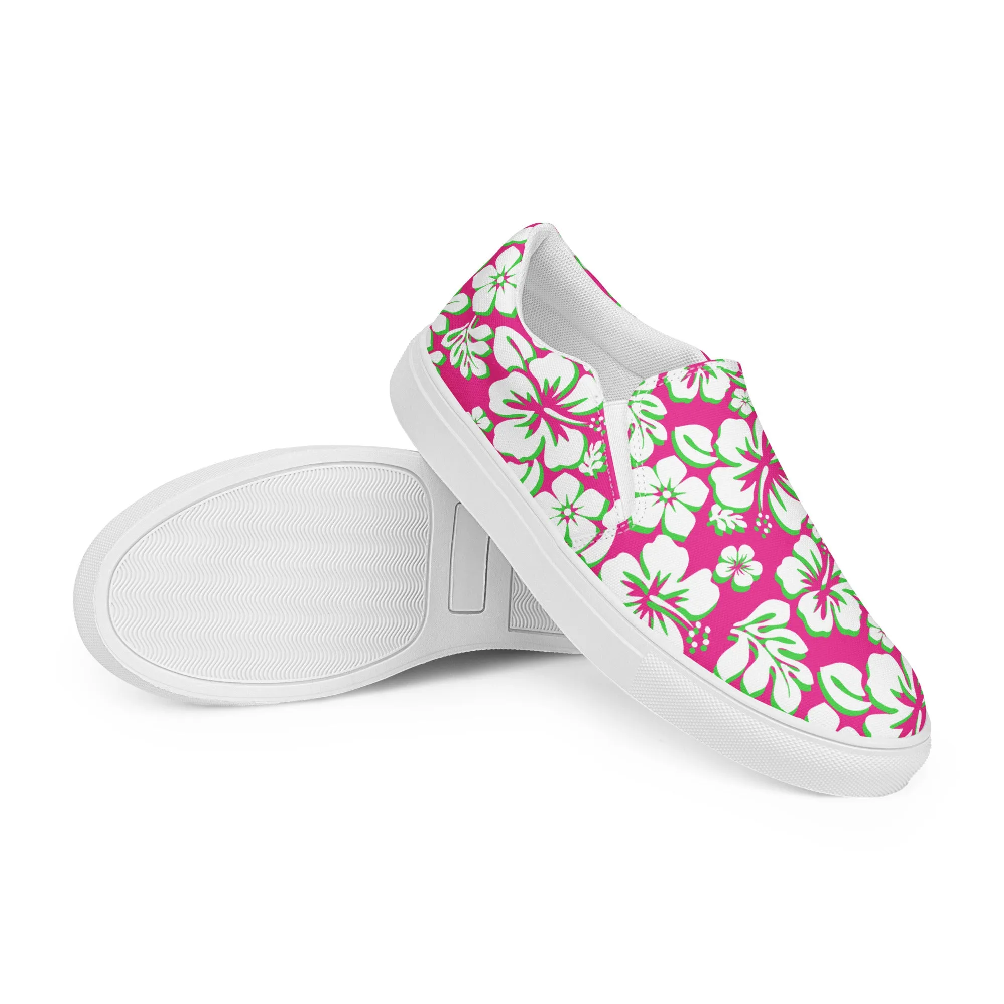 Hot Pink, Lime Green and White Hawaiian Flowers Men’s Slip On Canvas Shoes