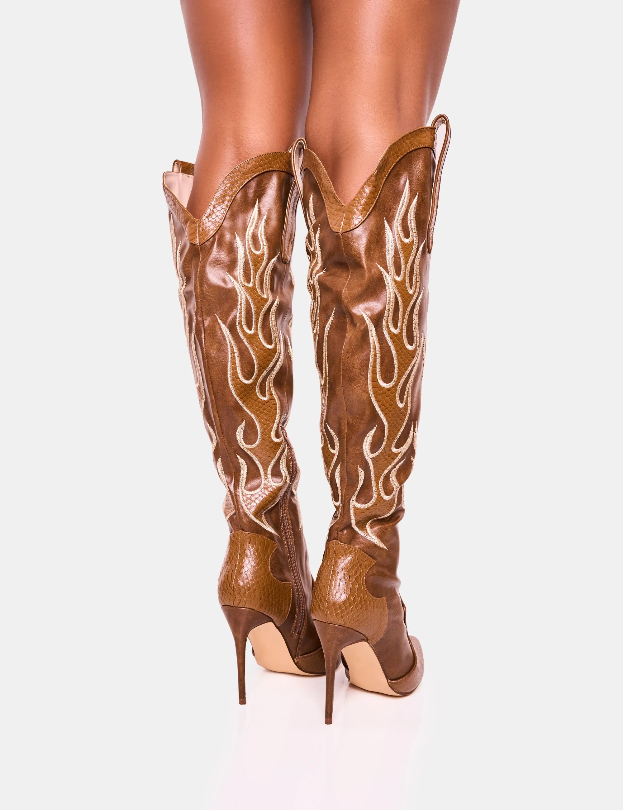 Jacksonville Brown Flame Motif Western Heeled Over the Knee Boot