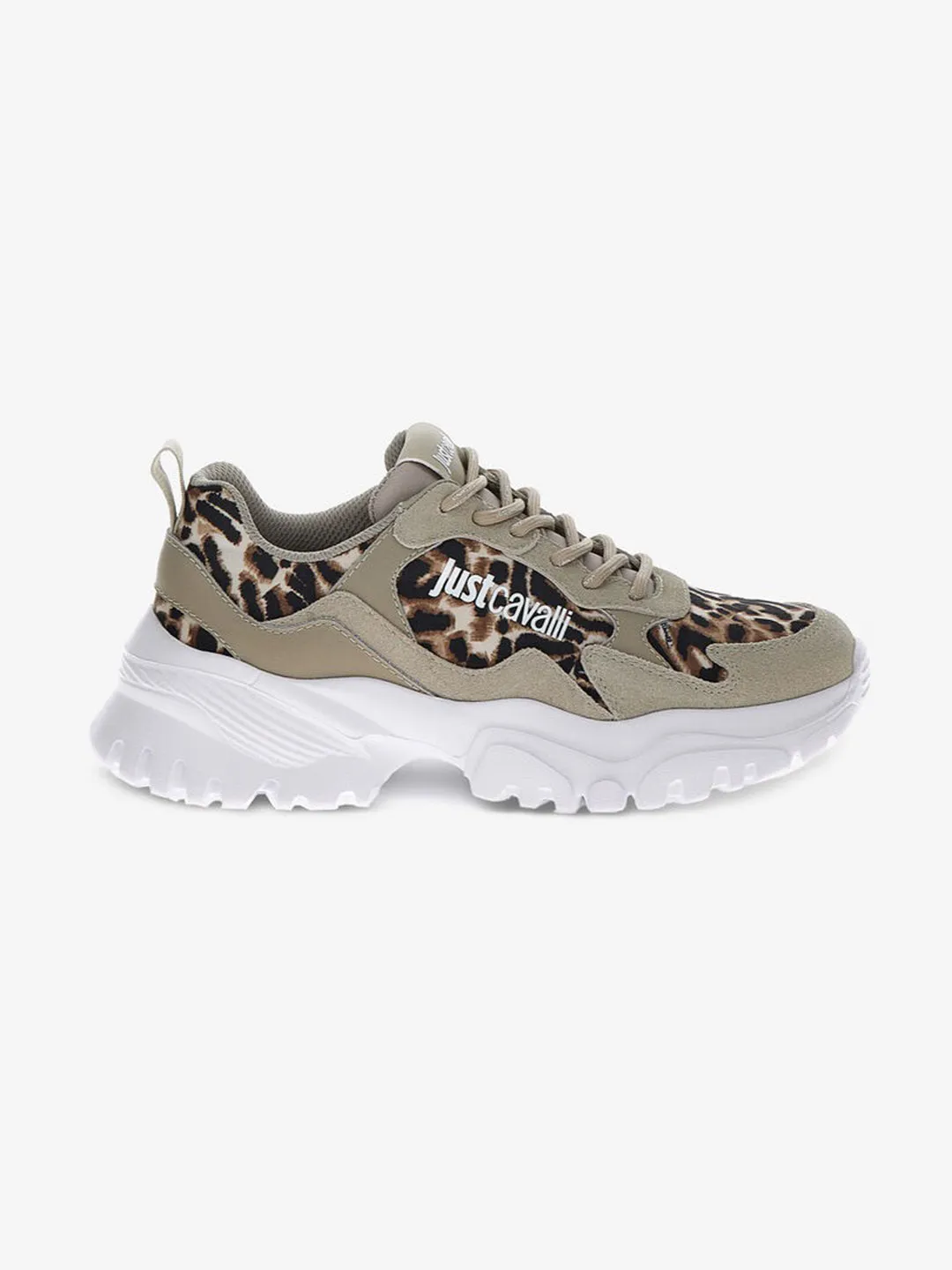 Just Cavalli Women Grey Printed Leather Round Toe Lace-ups Sneakers