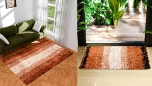 Kuber Industries Carpet | Shaggy Carpet for Living Room | Fluffy Door Mat | Golden Patta Home Decor Carpet & Door Mat Combo | Floor Carpet Rug & Door Mat Set | Set of 2 | Cream